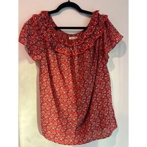 MAX‎ STUDIO Red Floral Short Sleeve Top Blouse Ruffled Boho Peasant Small